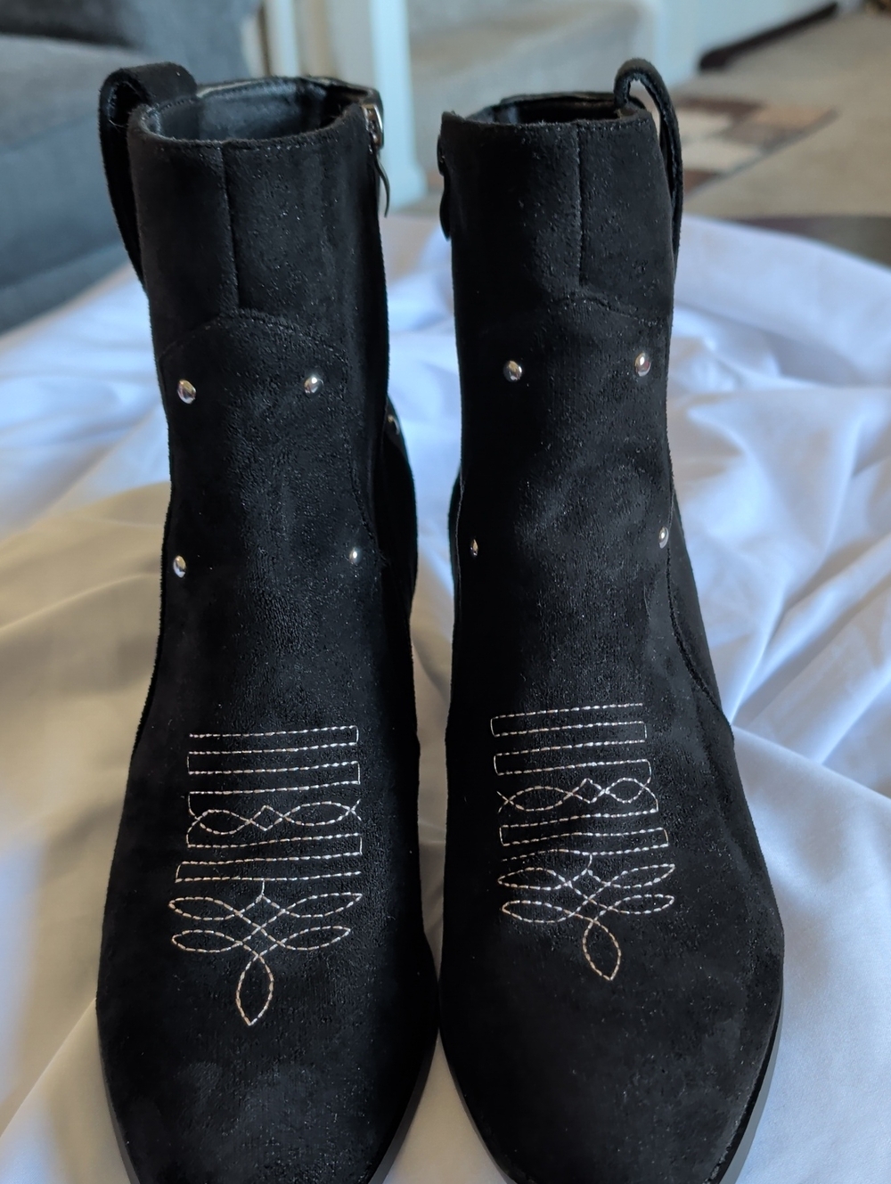 Black Suede Embroidered Ankle Booties for Women